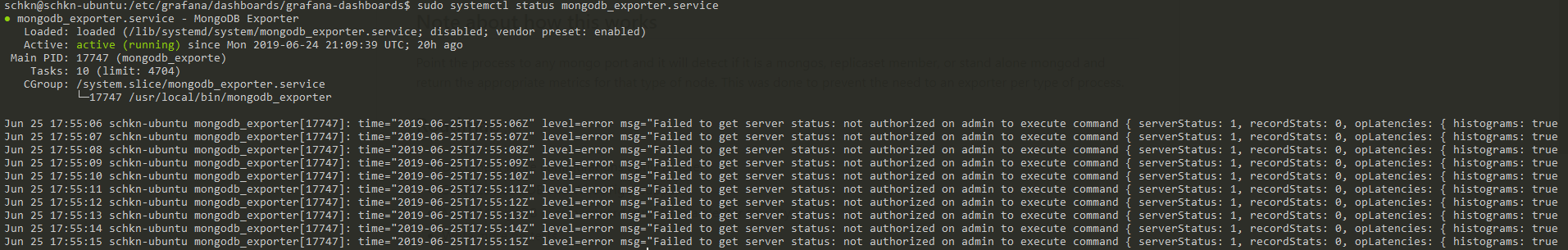 Failed to get server status: not authorized on admin to execute command