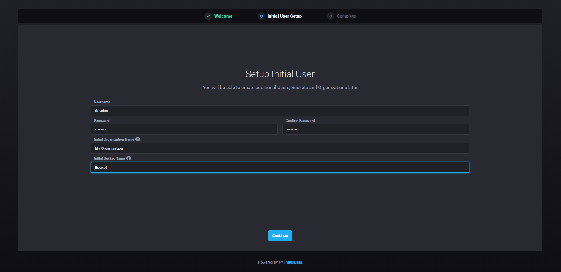 InfluxDB 2.0 setup initial user screen