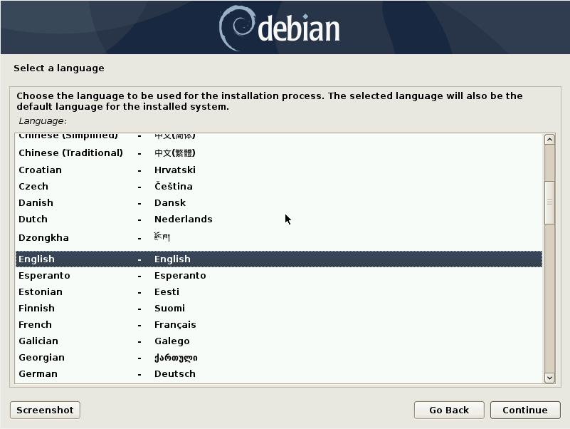 Debian 10 installation - Select a language
