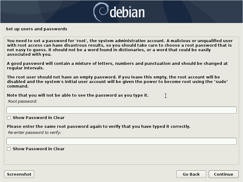 Debian 10 installation - Select a root user and password