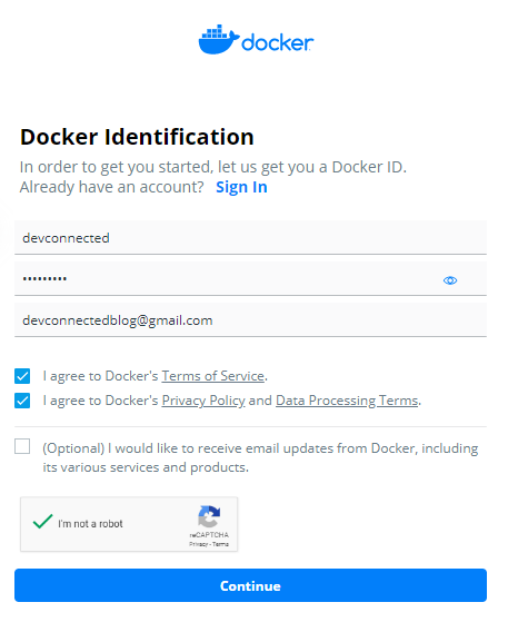 Docker Hub sign up page