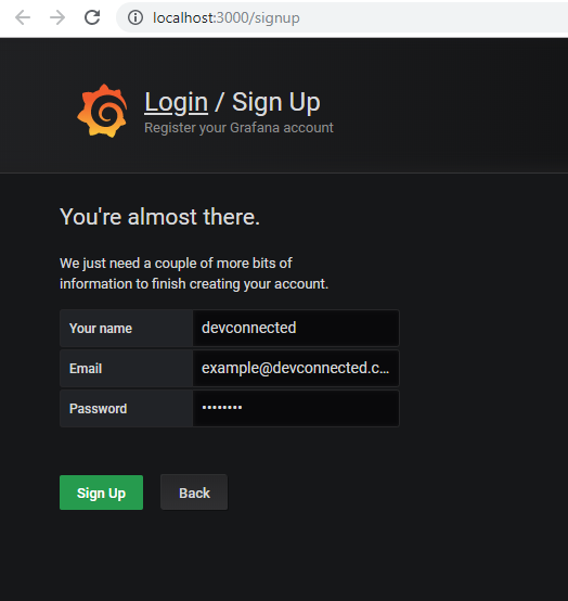 Grafana sign up page
