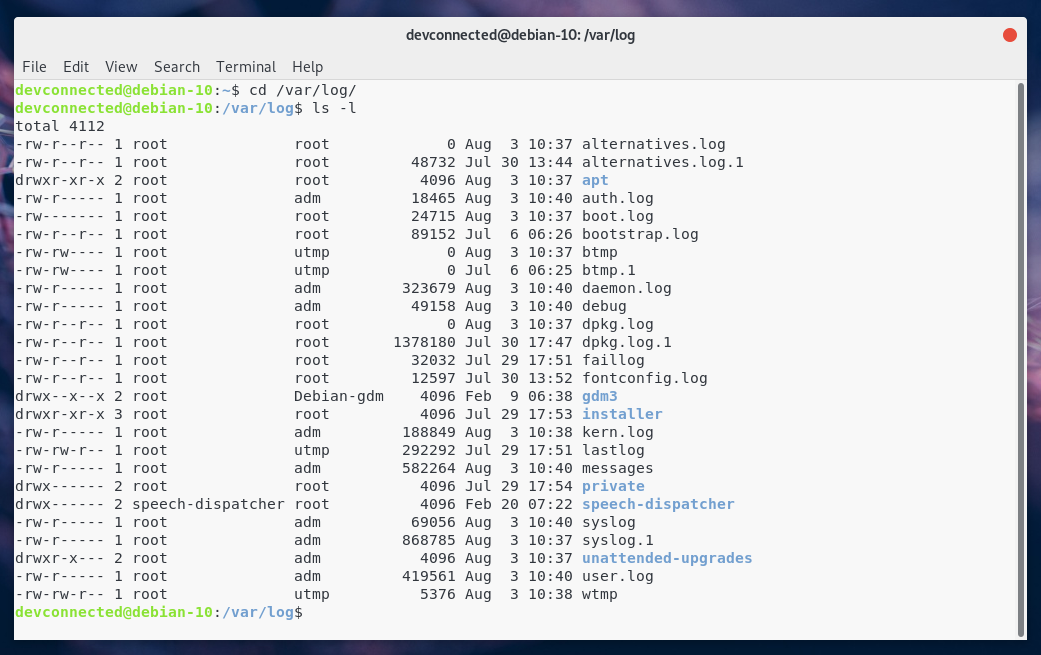 展示 debian 10 上的设施日志