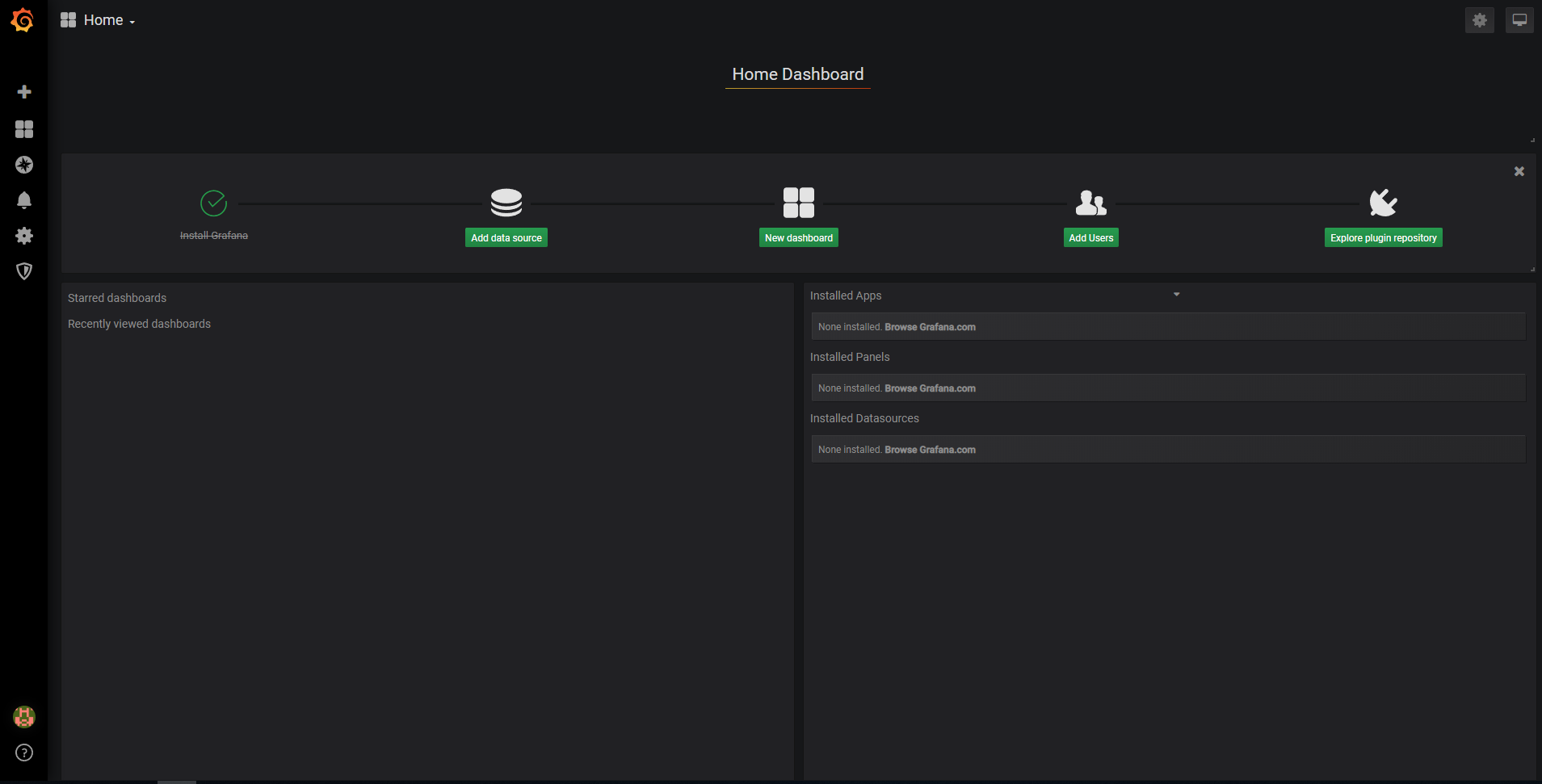 Grafana welcome default screen