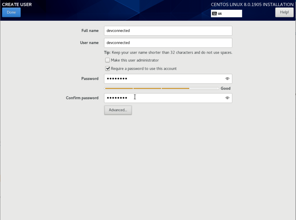 Creating a new user account on CentOS 8