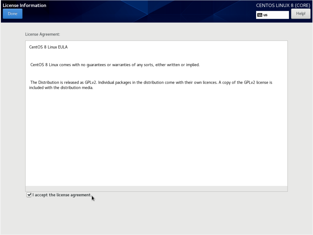 Accept the license agreement on CentOS 8