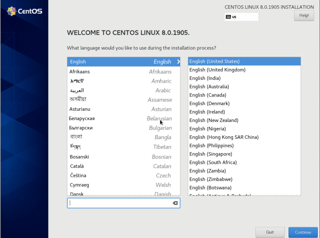 CentOS 8 installation language choice